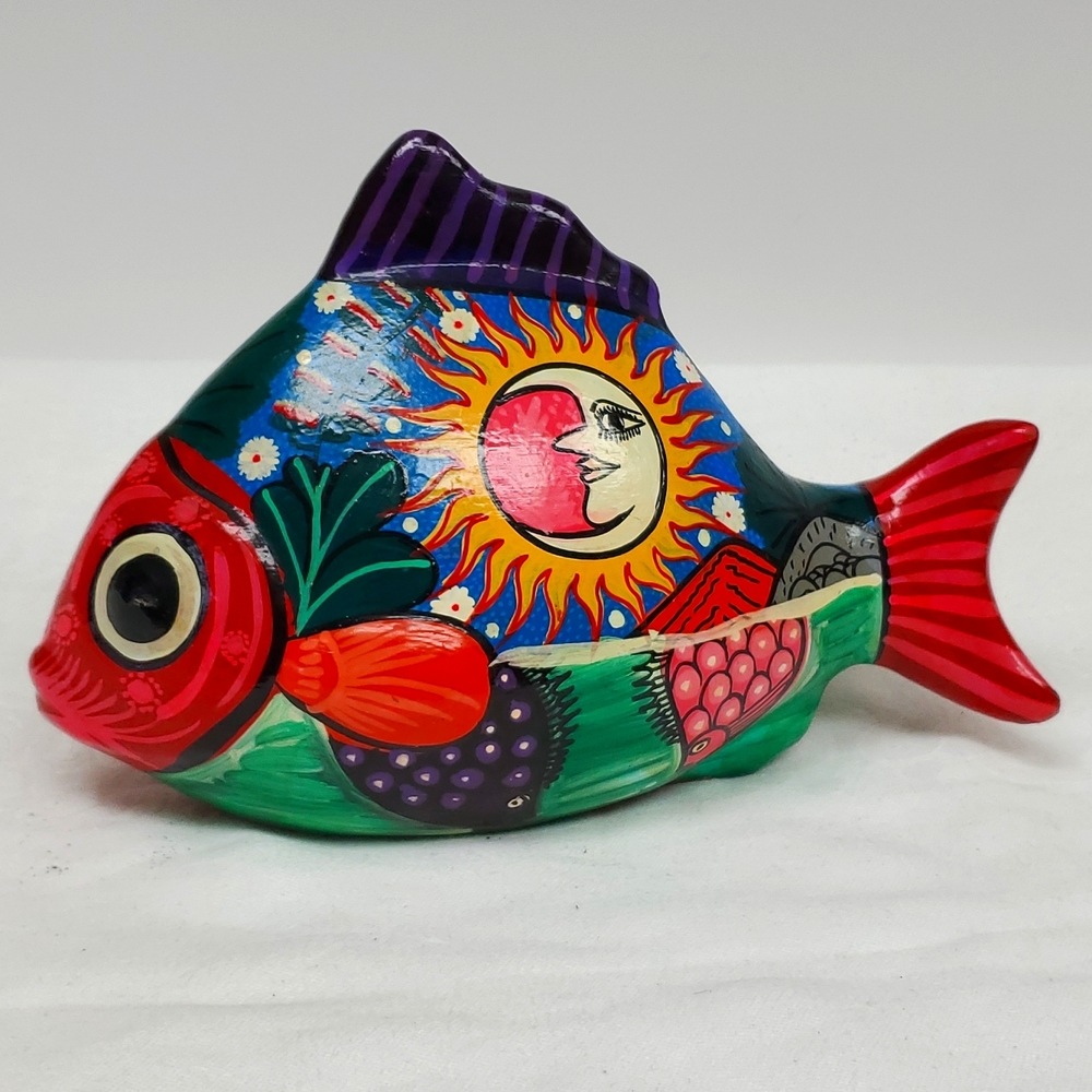 Vintage Talavera handmade and hand painted red ware fish art piece
